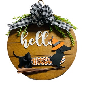 Add on Outfit for Dachshund Doxie - Corgi - Halloween- Witch - Large Round Wooden Shiplap Door Hanger / Wreath / Sign