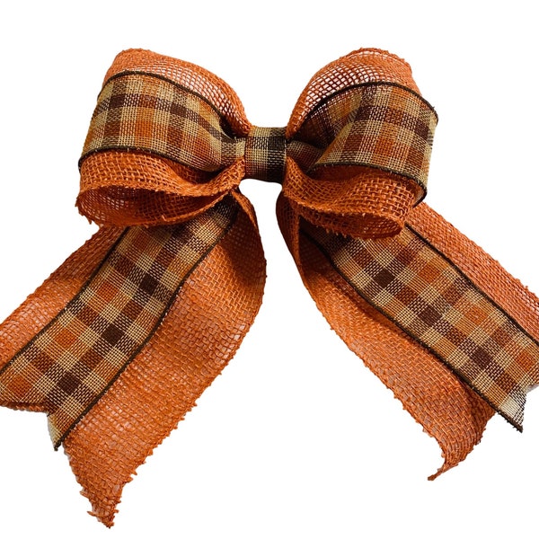 Orange Burlap - Brown Tan Orange Plaid - Single Loop - Thanksgiving Fall Add on Bow for Wreath Gift or Present