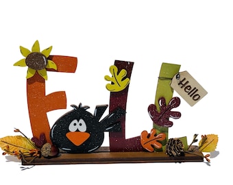 Hello Fall | Crow | Decorative | Shelf Sitter | Leaves Acorns