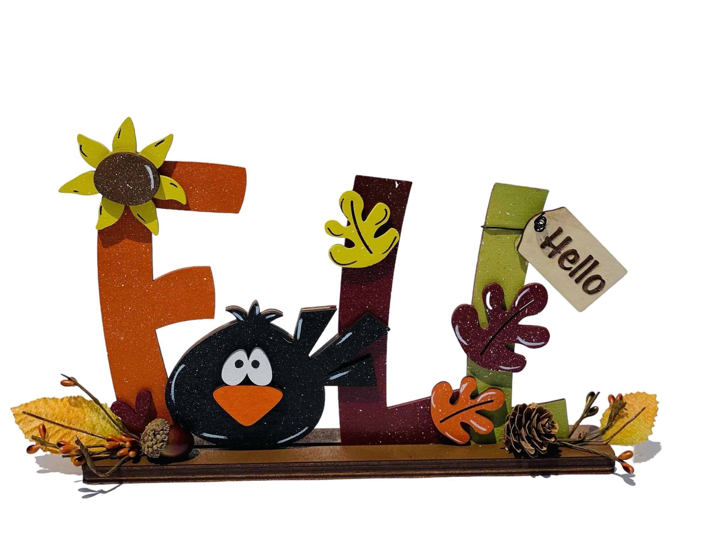 Hello Fall Birds Hello Fall | Crow | Decorative | Shelf Sitter | Leaves Acorns - Etsy