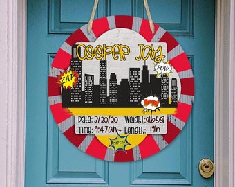 Superhero Nursery - Hospital Room - Personalized - City Superheroes - Baby Shower Gift - Door Sign / Wreath