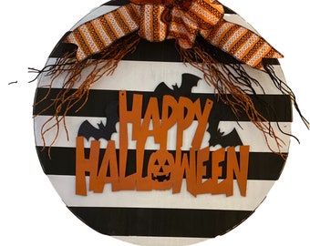 Happy Halloween - Large Striped - Wooden Door - Sign / Wreath