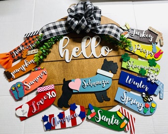 Hello Schnauzer - Interchangeable Holidays Seasons - Large Round Wooden Shiplap Door Hanger / Wreath/Sign - Gift Mom