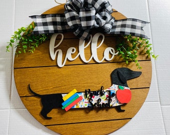 Add on Outfit for Dachshund Doxie - Corgi - Back to School - Teacher - Weiner Dog - Large Round Wooden Shiplap Door Hanger / Wreath / Sign