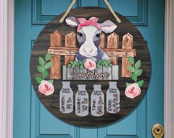 Girly - Farm Nursery - Hospital Room - Personalized - Roses - Cow and Milk Jugs - Baby Shower Gift - Door Sign / Wreath