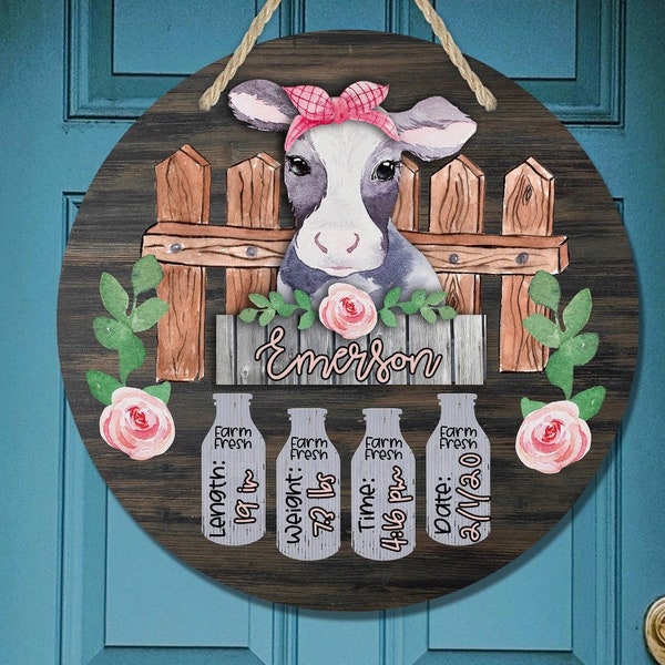 Girly - Farm Nursery - Hospital Room - Personalized - Roses - Cow and Milk Jugs - Baby Shower Gift - Door Sign / Wreath