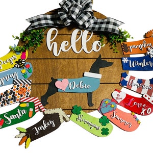 Hello - Doberman - Dog - Interchangeable Holidays Seasons - Large Round Wooden Shiplap Door Hanger / Wreath/Sign - Gift Mom