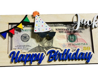 Personalized - Happy Birthday with Sunglasses  - Money  Holder - Wooden - Gift Present for Him Her