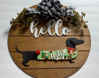 Add on Outfit for Dachshund Doxie - Ugly Sweater - Weiner Dog - Large Round Wooden Shiplap Door Hanger / Wreath / Sign