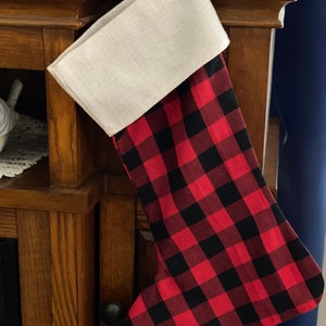 Personalized - Embroidered - Red Black Buffalo Plaid - Burlap - Christmas - Stocking Sock