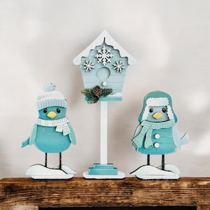 Snowbird Set | Birdhouse | Snow | Winter | Christmas | Decorative | Shelf Sitter
