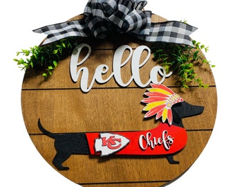 Add on Outfit for Dachshund Doxie - Corgi - Kansas City Chiefs - Football - Large Round Wooden Shiplap Door Hanger / Wreath / Sign