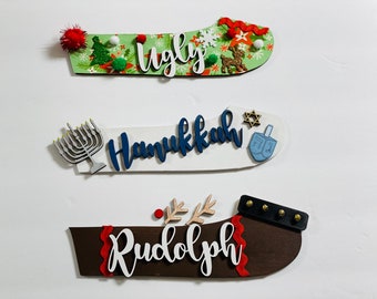 Add on Outfits for Dachshund Doxie - Weiner Dog - Ugly Sweater Hanukkah Rudolph - Wooden Shiplap Door Hanger / Wreath / Sign