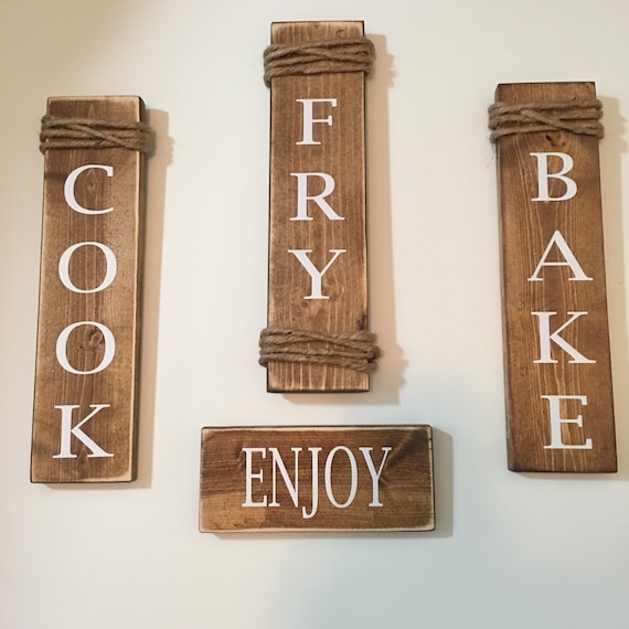 Rustic Set of 4 Wooden Kitchen Signs Cook Fry Bake Enjoy