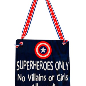 Little Boy's Room | Nursery | Superheroes Only | No Villains or Girls Allowed | Captain America | Wooden Door Hanger Sign