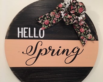 18" Round | Split Peach / Black | Hello Spring | Easter | Door Sign / Wreath