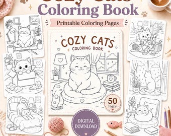 Cozy Cats Coloring Book PDF, Cute Funny Cat Coloring Book, Relaxing Coloring Pages for Cat Lovers, (Digital Download)