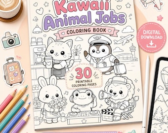 Kawaii Animal Jobs Coloring Book PDF, 30 Printable Cute Animal Profession Pages, Digital Download Coloring Pages