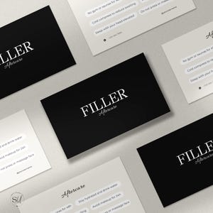 Peut inclure: Une collection de cartes de suivi rectangulaires avec un fond noir et le texte blanc FILLER Aftercare, ainsi que des cartes beige clair avec du texte noir listant des instructions comme No gym or saunas for 48h, Cold compress to reduce swelling, et Sleep with your head elevated.
