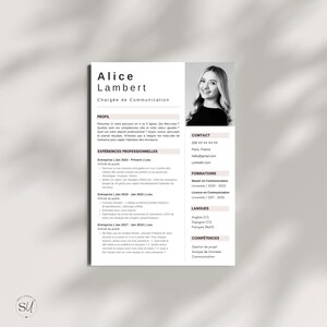 Peut inclure: Un modèle de CV professionnel présentant un portrait en noir et blanc d'une personne en haut à droite. Le document comprend des sections pour le profil, l'expérience professionnelle, les coordonnées, la formation, les langues et les compétences.