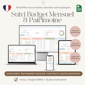 Peut inclure: Un suivi de budget mensuel et de patrimoine numérique affiché sur un écran d'ordinateur, un ordinateur portable, une tablette et un smartphone. Le tableur présente des tableaux et graphiques avec le texte "Suivi Budget Mensuel & Patrimoine".