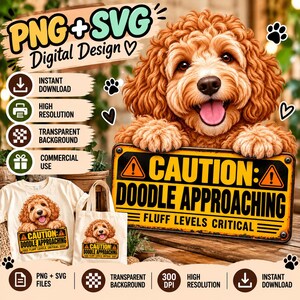 Varning Doodle närmar sig PNG SVG, rolig Goldendoodle varningsskylt PNG, Fluff nivåer kritiska PNG, digital hund sublimeringsdesign