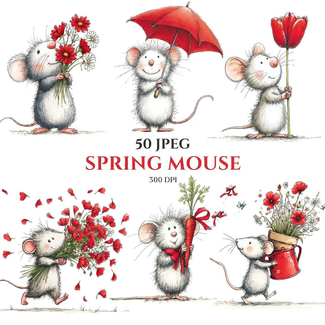 Mouse Off Spring JPEG 50 Mouse Spring Clipart Bundle, Whimsical Floral Mouse PNG ...