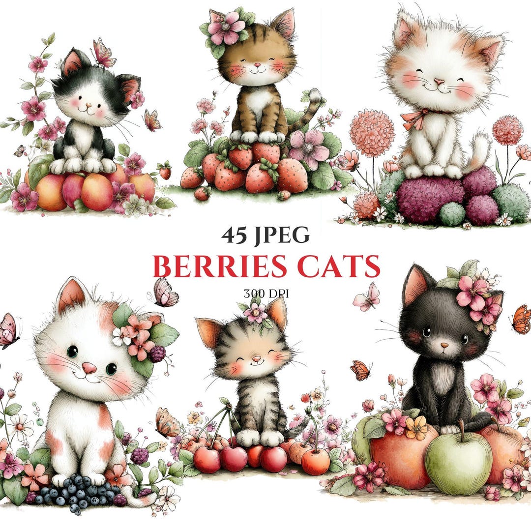 54 JPEG Watercolor Kitten Clipart Bundle, Floral Spring Cat Graphics ...