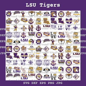 Op de afbeelding: Een verzameling LSU Tigers-thema graphics in paars, goud en wit. De ontwerpen omvatten tijgerillustraties, het LSU-logo en de tekst "LSU Tigers". De afbeelding bevat ook bestandstype labels zoals SVG, DXF, EPS, PNG en JPG.