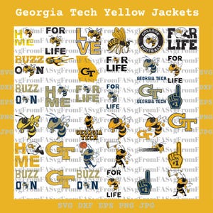 Può includere: Una collezione digitale di grafiche Georgia Tech Yellow Jackets con varie mascotte di api, il logo GT, caschi da football, dita in gommapiuma e frasi come Buzz On, For Life e Home in blu navy e oro.