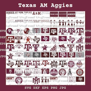 May include: A digital collection of Texas A&M Aggies graphic designs featuring various logos, text, and illustrations in maroon and white. The set includes team emblems, football player silhouettes, state outlines, and anniversary badges for crafting.