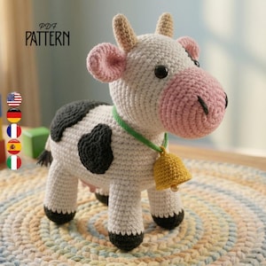 Può includere: Una statuina di mucca all'uncinetto con corpo bianco, macchie nere e muso e orecchie rosa. Ha un collare verde con una campana dorata. Il testo "PDF PATTERN" è nell'angolo in alto a sinistra. La mucca è su un tappeto rotondo multicolore.