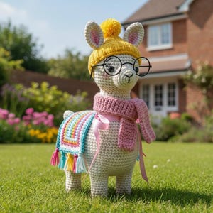 May include: A crocheted llama wearing a yellow hat, round glasses, and a pink scarf. The llama has a colorful blanket draped over its back and is standing on green grass in front of a house.