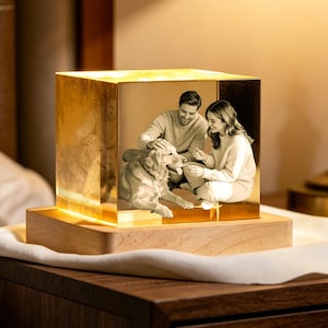 May include: A lit, golden photo cube displaying a couple with a dog, resting on a wooden base. The image inside shows a couple petting a golden retriever. The cube is a unique home decor item. The cube's dimensions are in centimetres.