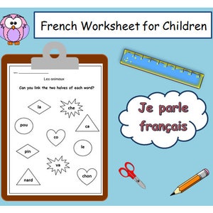 May include: A black and white worksheet for children to practice French vocabulary. The worksheet features a variety of animals and asks children to match the two halves of each word. The worksheet also includes the phrase "Je parle fran&ccedil;ais" in a speech bubble.