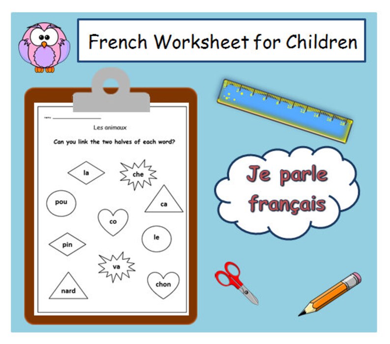 May include: A black and white worksheet for children to practice French vocabulary. The worksheet features a variety of animals and asks children to match the two halves of each word. The worksheet also includes the phrase "Je parle fran&ccedil;ais" in a speech bubble.