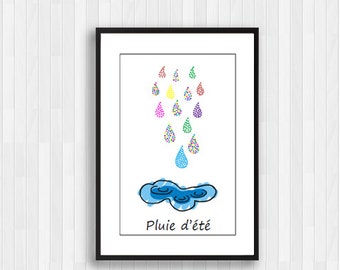 May include: A framed print featuring a colourful illustration of raindrops falling into a puddle. The text "Pluie d'été" is written below the image.