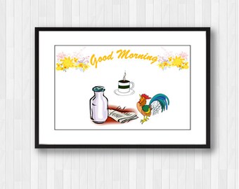 Guten Morgen,Hahn,Wandkunst,Morgen Dekor,Wanddekor,Wohnkultur,Wandbild,Küche Druck,Wake Up Druck,Frühstück Druck,Sprache Kunst