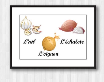 Vegetables,Vegetables in French,Vegetable poster,Vegetables Decor,Kitchen Decor,Kitchen Print,Kitchen Wall Decor,Kitchen Poster,Onion,Garlic