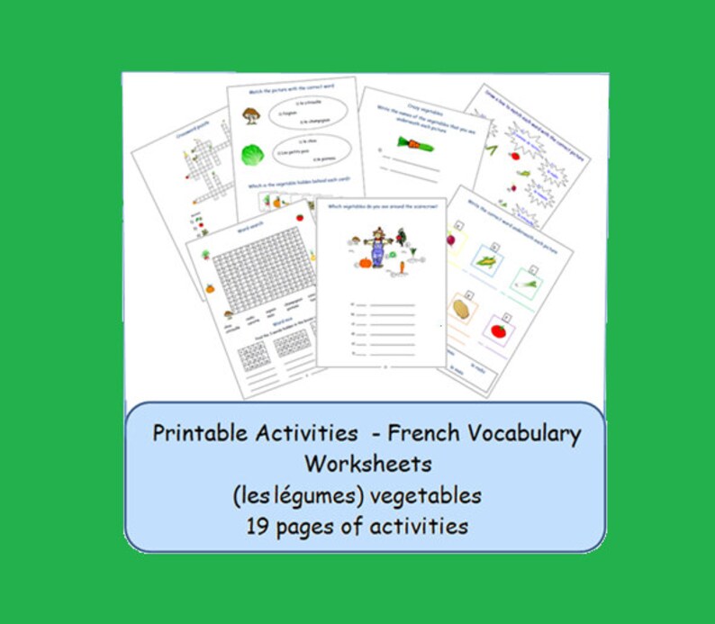 Op de afbeelding: Een set van 19 printbare werkbladen om de Franse woordenschat met betrekking tot groenten te leren. De werkbladen bevatten verschillende activiteiten, waaronder woordzoekers, matching en invul-oefeningen.