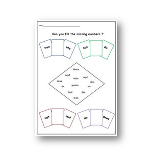 May include: A printable worksheet with a French number game. The worksheet has three rows of cards with French numbers written on them. The first row has the numbers "trois", "cinq", "huit", and "dix". The second row has the numbers "deux", "six", "neuf", "onze", "sept", "cinq", "quatre", "un", "huit", "dix", and "trois". The third row has the numbers "sept", "neuf", "dix", and "douze".