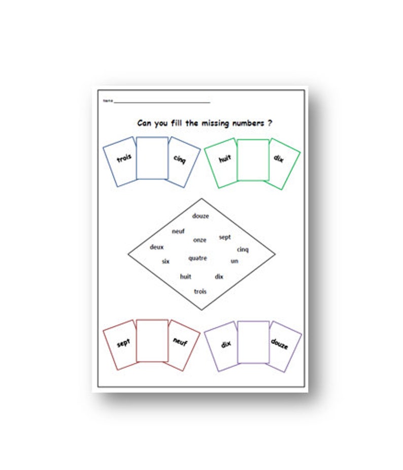 May include: A printable worksheet with a French number game. The worksheet has three rows of cards with French numbers written on them. The first row has the numbers "trois", "cinq", "huit", and "dix". The second row has the numbers "deux", "six", "neuf", "onze", "sept", "cinq", "quatre", "un", "huit", "dix", and "trois". The third row has the numbers "sept", "neuf", "dix", and "douze".