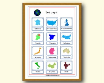 Póster de la ESCUELA FRANCESA DE PAÍSES, Aprenda los nombres de los países en francés con póster imprimible, Póster del aula de idioma francés, Recursos didácticos