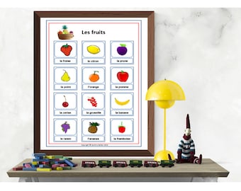May include: A colourful educational chart with pictures of different fruits and their names in French. The chart is titled "Les fruits" and includes images of strawberries, lemons, plums, pears, oranges, apples, cherries, currants, bananas, grapes, pineapples, and raspberries.