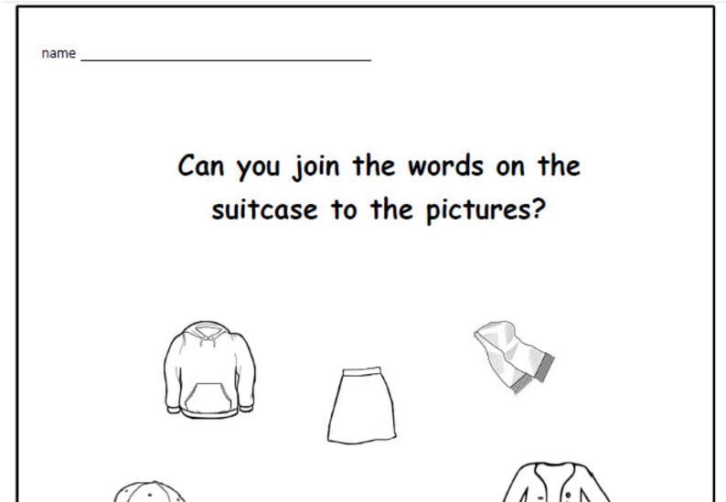 Może przedstawiać: Czarno-biała karta pracy z tekstem "Czy możesz połączyć słowa na walizce ze zdjęciami?" Karta pracy przedstawia pięć r&oacute;żnych element&oacute;w garderoby: bluzę z kapturem, sp&oacute;dnicę, szalik, czapkę i kurtkę.