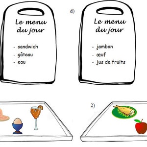 May include: Illustration of two menus with food options and two trays with food items. The menus read "Le menu du jour" and list food items like sandwich, cake, water, ham, egg, and fruit juice. The trays contain various food items.