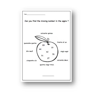 Puede incluir: Una hoja de trabajo en blanco y negro con el texto "Can you find the missing number in the apple?" Un gráfico de manzana contiene números y palabras de números franceses. Hay una línea en la parte inferior.