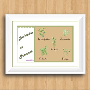 May include: A printable chart with illustrations of herbs, titled "Les herbes de Provence". The herbs include marjoram, rosemary, thyme, basil, and oregano.