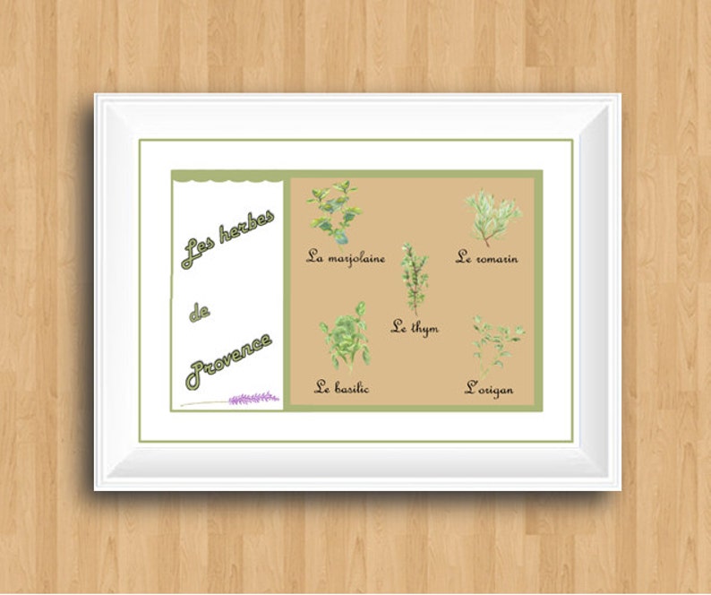 May include: A printable chart with illustrations of herbs, titled "Les herbes de Provence". The herbs include marjoram, rosemary, thyme, basil, and oregano.
