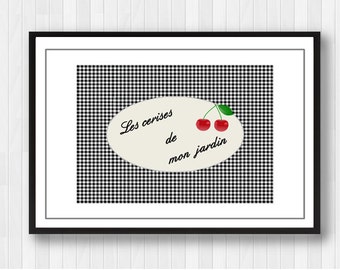 Les cerises-French Print-Garden Print-Kitchen Print-Cuisine Wall Decor-French Art-Fruit Print-Fruit Wall Decor-Black and White Print